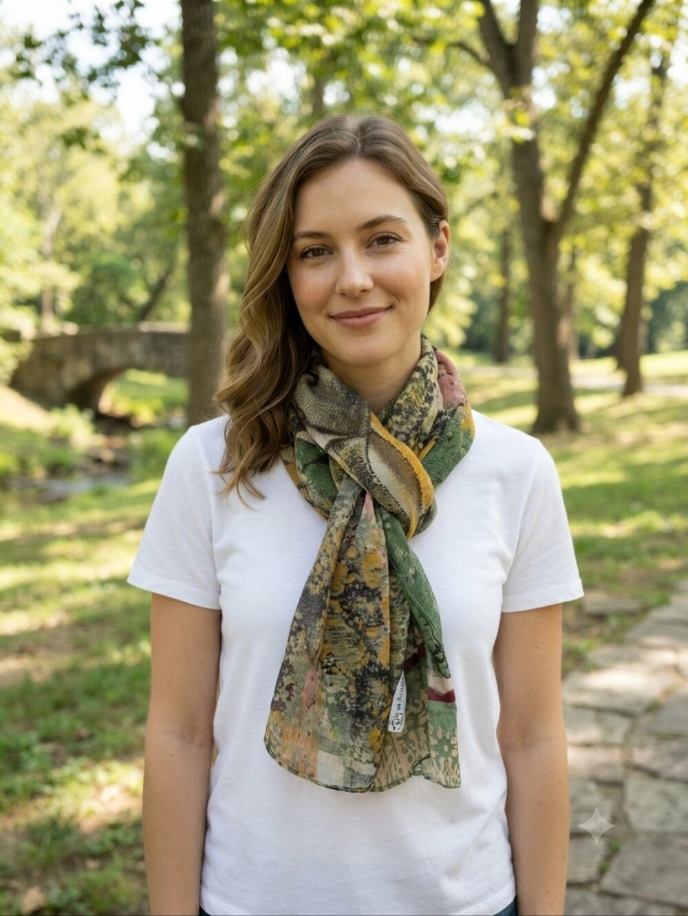 Botanical Print Lightweight Scarf in Green, Tan & Pink
